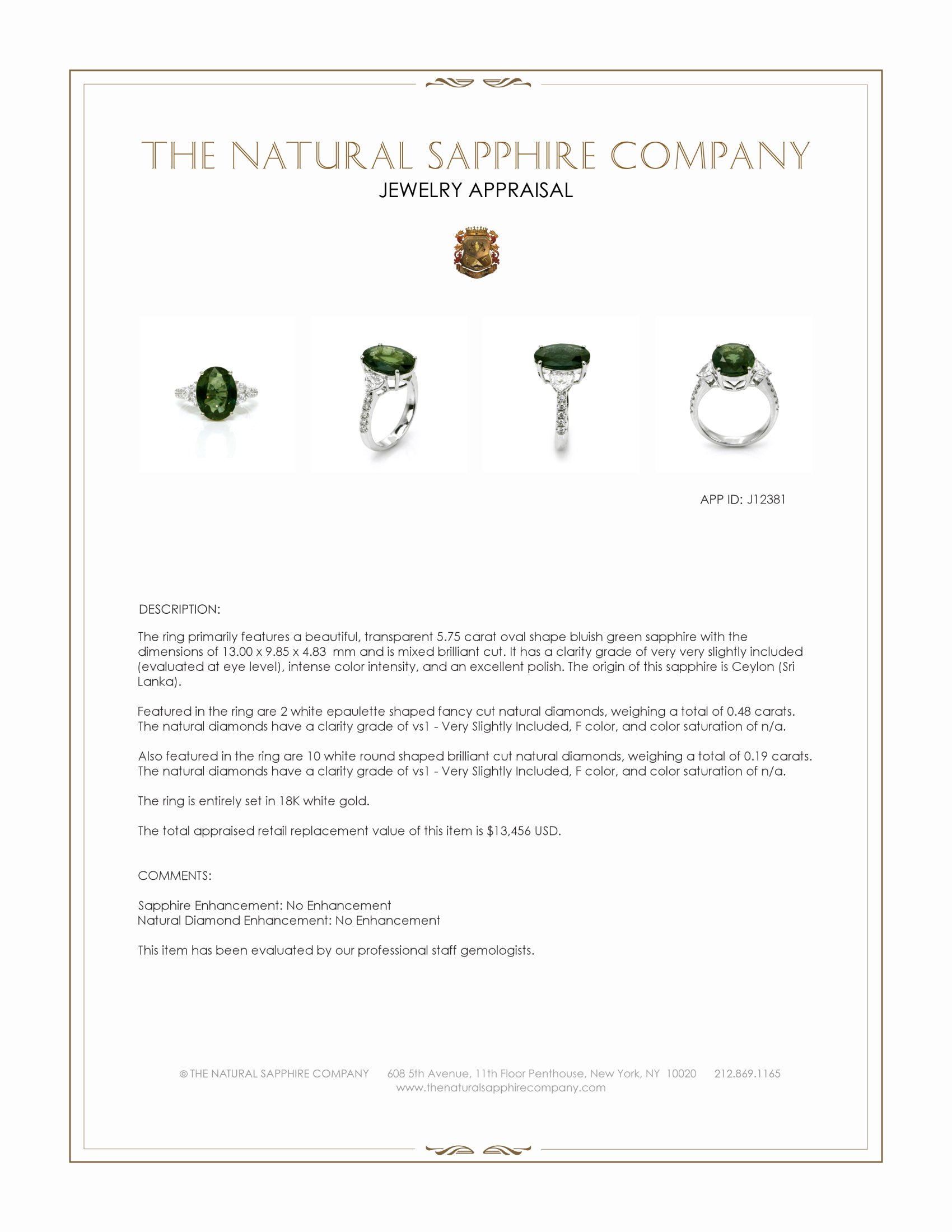 5.75 Ct. Bluish Green Sapphire and Natural Diamond Three Stone Ring, 18K White Gold
