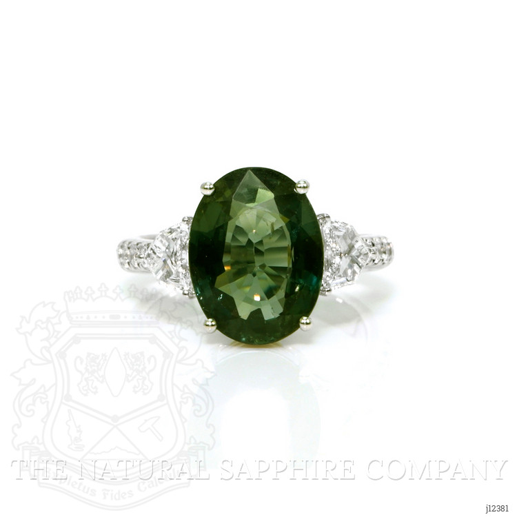 5.75 Ct. Bluish Green Sapphire and Natural Diamond Three Stone Ring, 18K White Gold