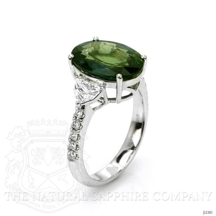 5.75 Ct. Bluish Green Sapphire and Natural Diamond Three Stone Ring, 18K White Gold