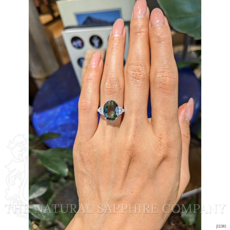 5.75 Ct. Bluish Green Sapphire and Natural Diamond Three Stone Ring, 18K White Gold