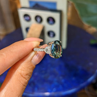 5.75 Ct. Bluish Green Sapphire and Natural Diamond Three Stone Ring, 18K White Gold Life Style