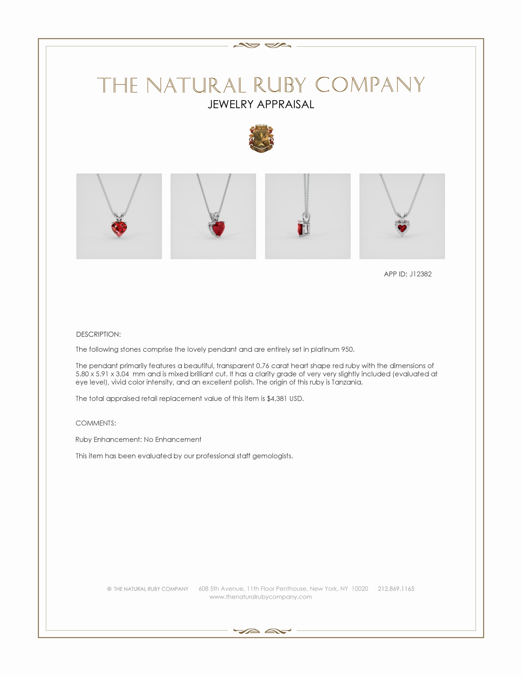0.76 Ct. Ruby Solitaire Pendant, Platinum 950
