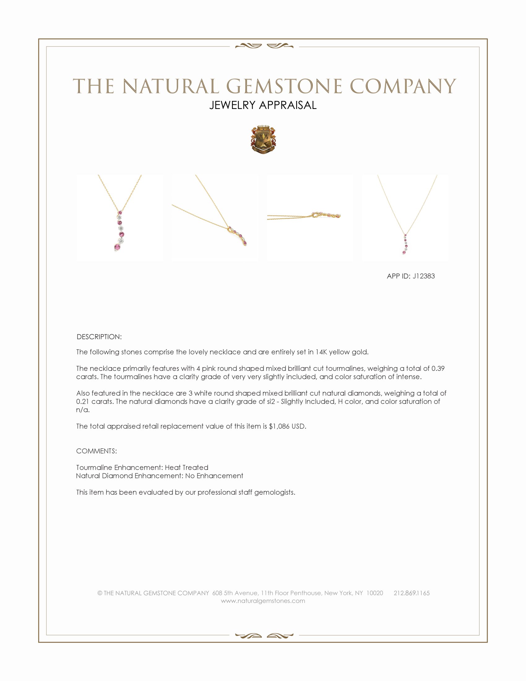 0.39 Ct. Pink Tourmaline and Natural Diamond Multi Stone Necklace, 14K Yellow Gold