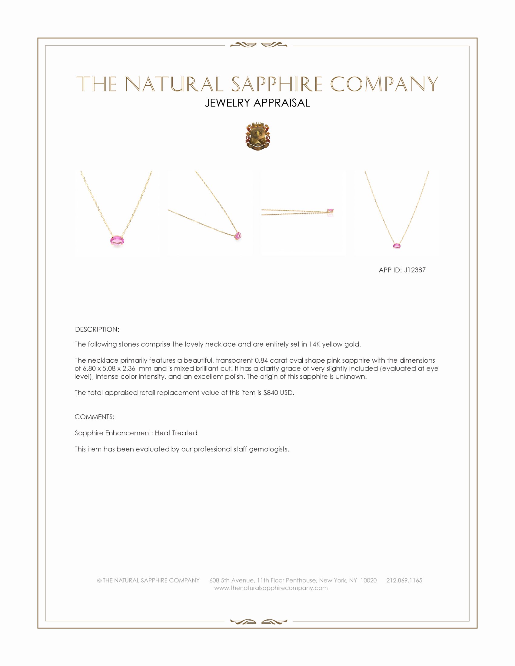 0.84 Ct. Pink Sapphire Solitaire Necklace, 14K Yellow Gold