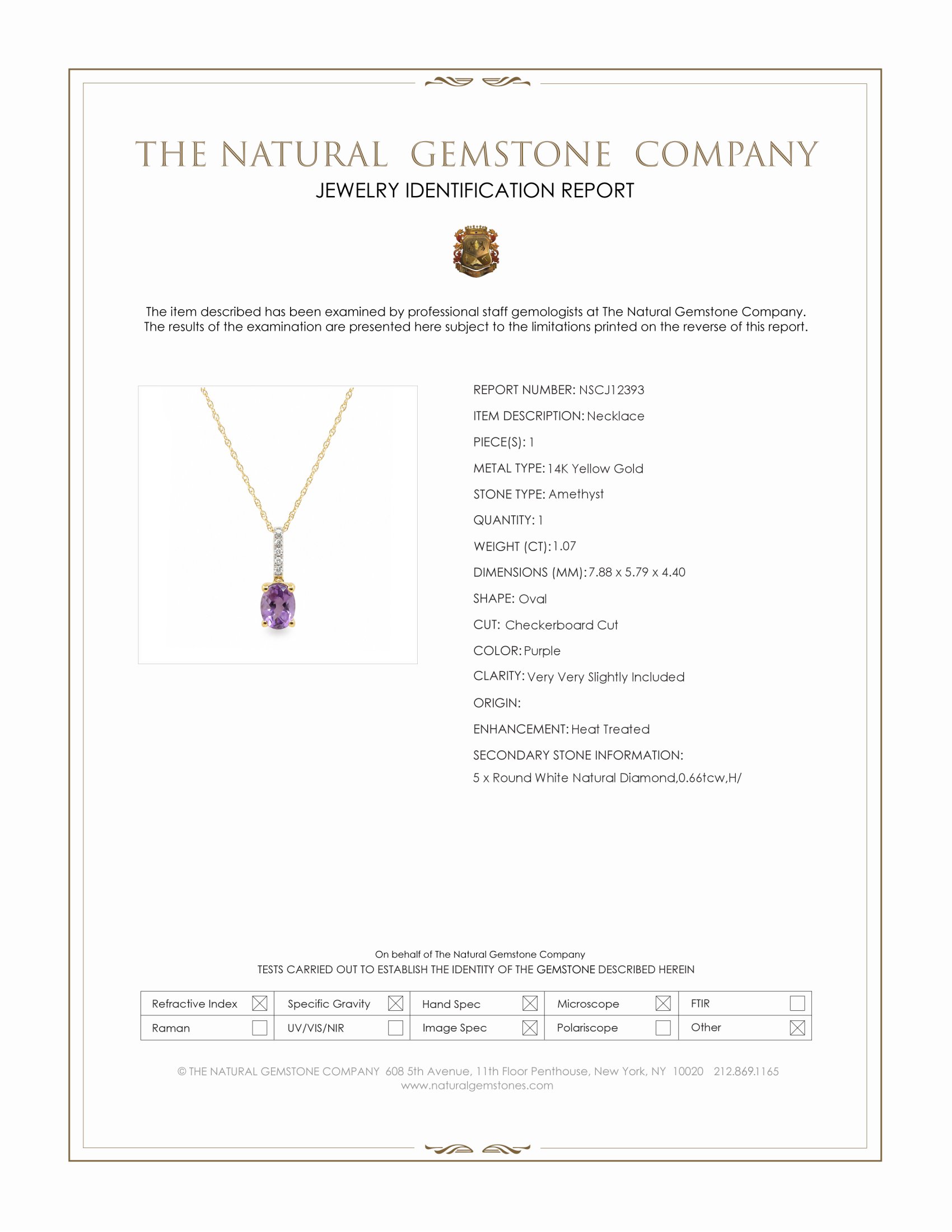 1.07 Ct. Purple Amethyst and Natural Diamond Solitaire Necklace, 14K Yellow Gold