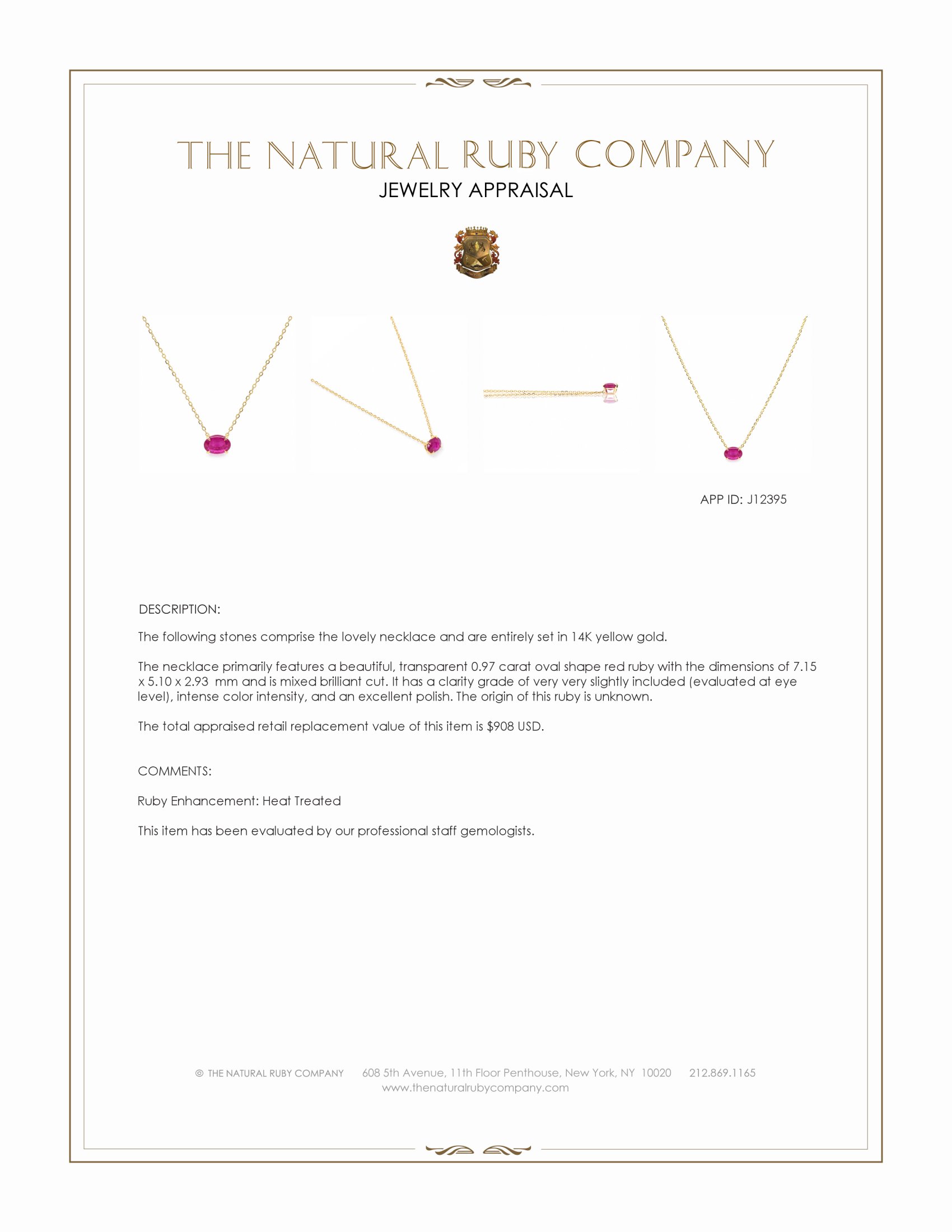 0.97 Ct. Ruby Solitaire Necklace, 14K Yellow Gold