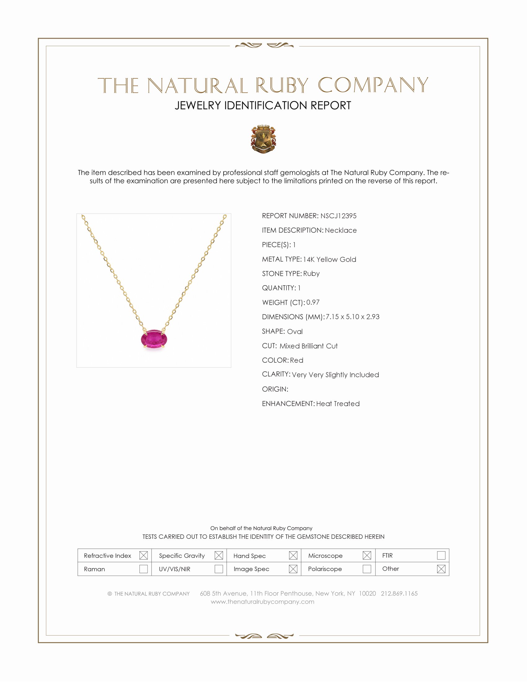 0.97 Ct. Ruby Solitaire Necklace, 14K Yellow Gold