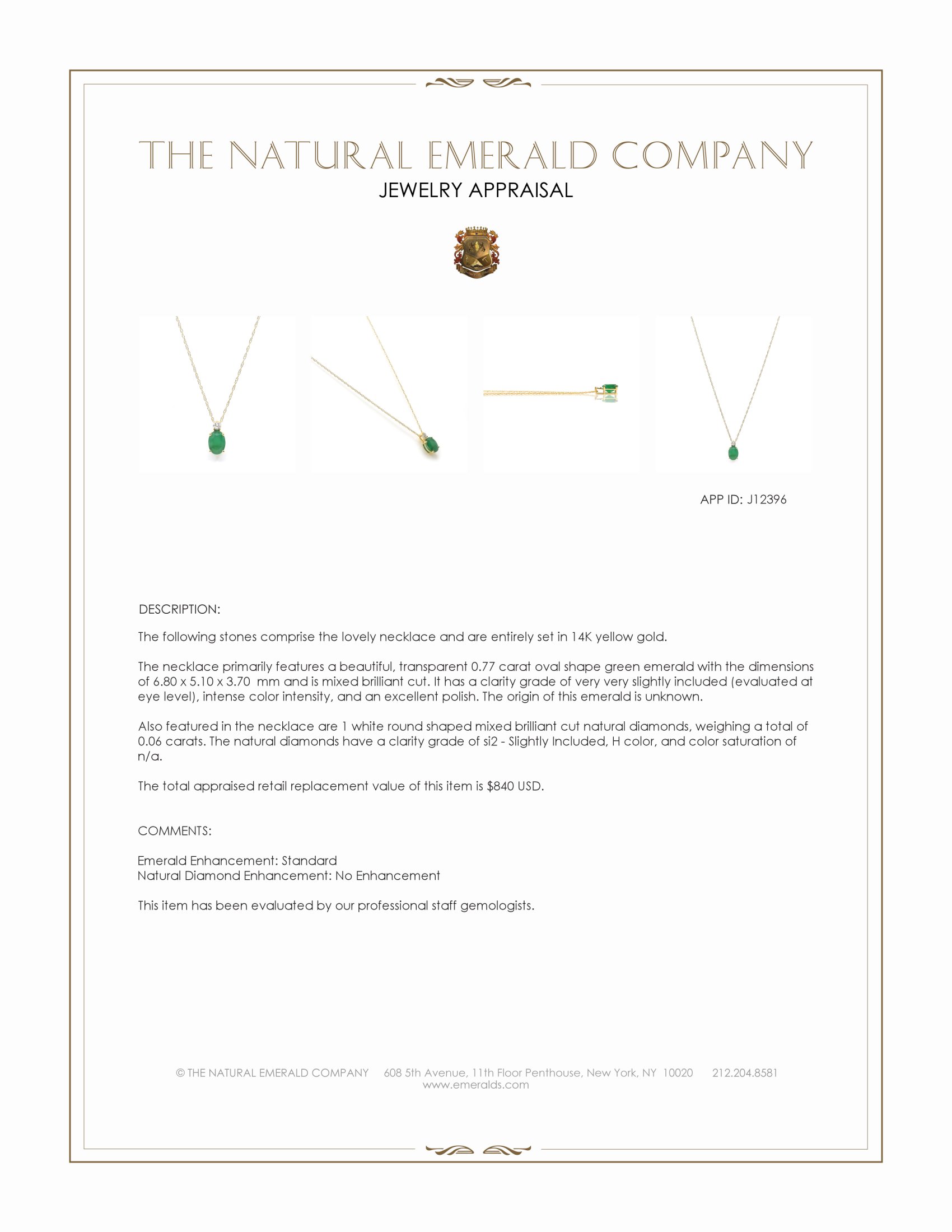 0.77 Ct. Emerald and Natural Diamond Solitaire Necklace, 14K Yellow Gold