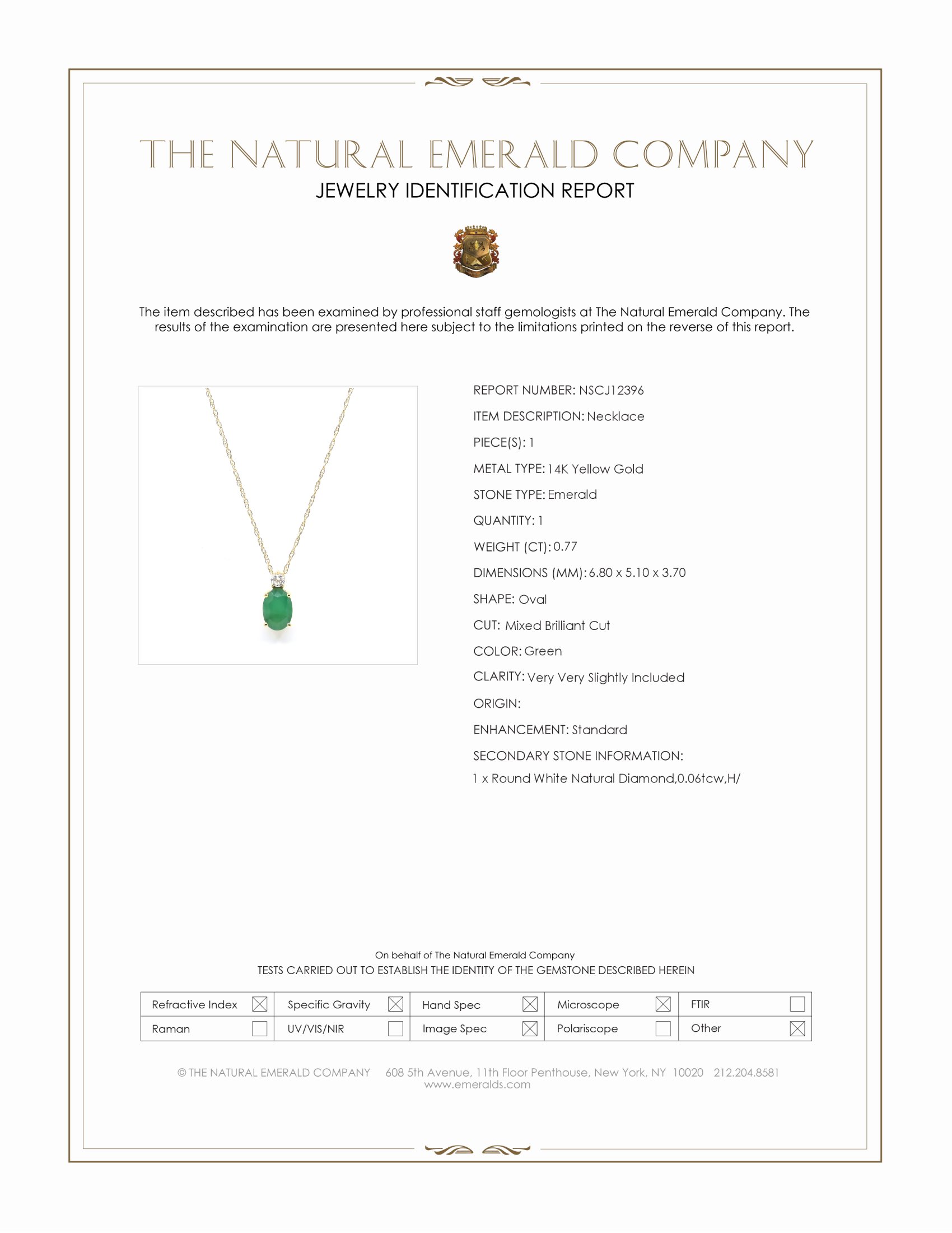 0.77 Ct. Emerald and Natural Diamond Solitaire Necklace, 14K Yellow Gold