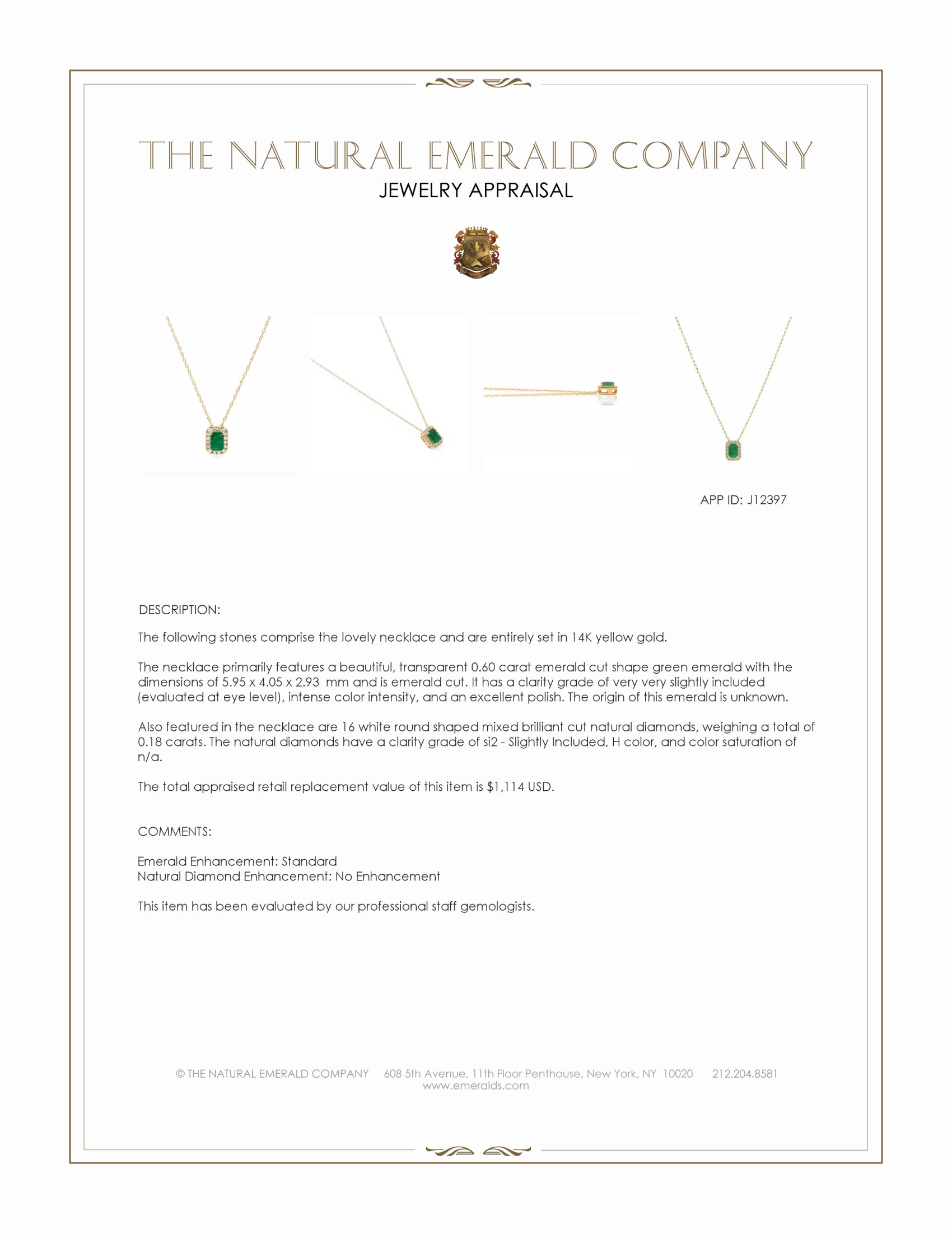 0.60 Ct. Emerald and Natural Diamond Accent Stones Necklace, 14K Yellow Gold
