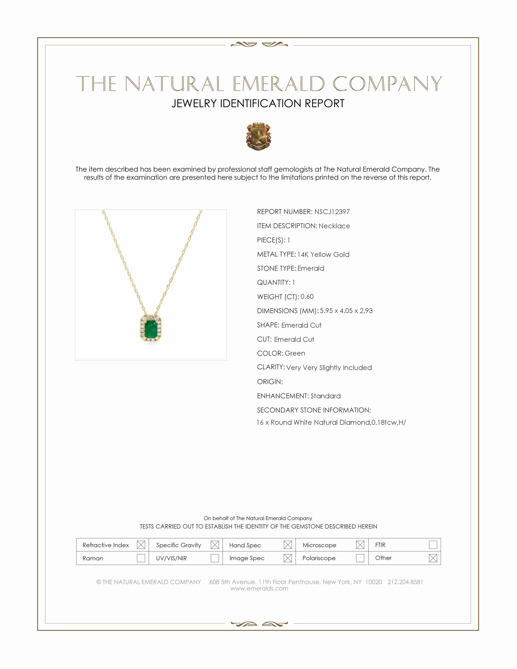 0.60 Ct. Emerald and Natural Diamond Accent Stones Necklace, 14K Yellow Gold