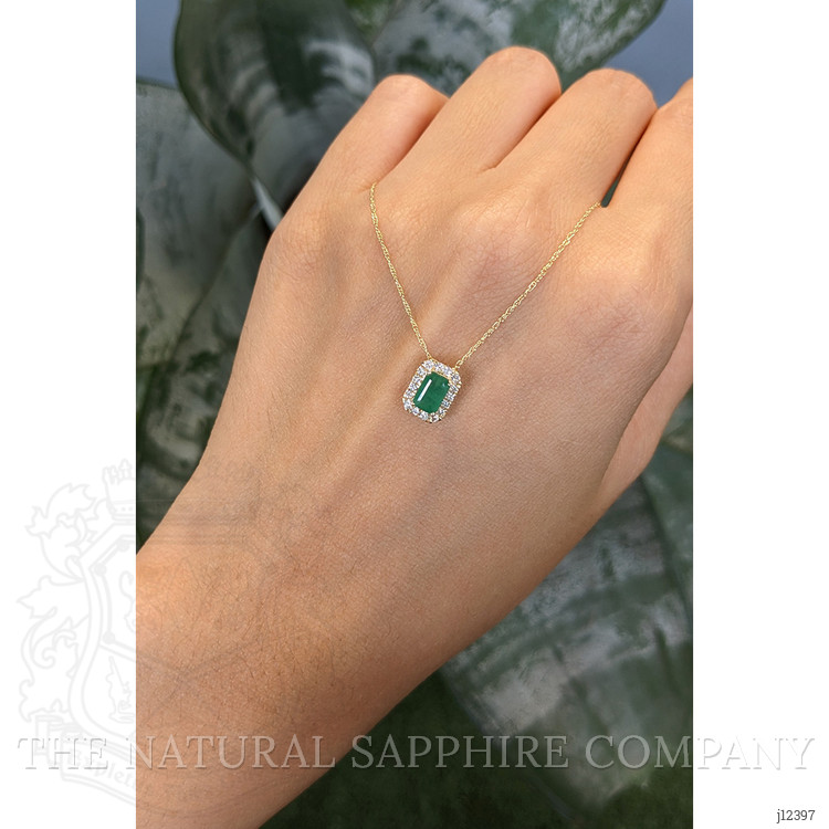 0.60 Ct. Emerald and Natural Diamond Accent Stones Necklace, 14K Yellow Gold