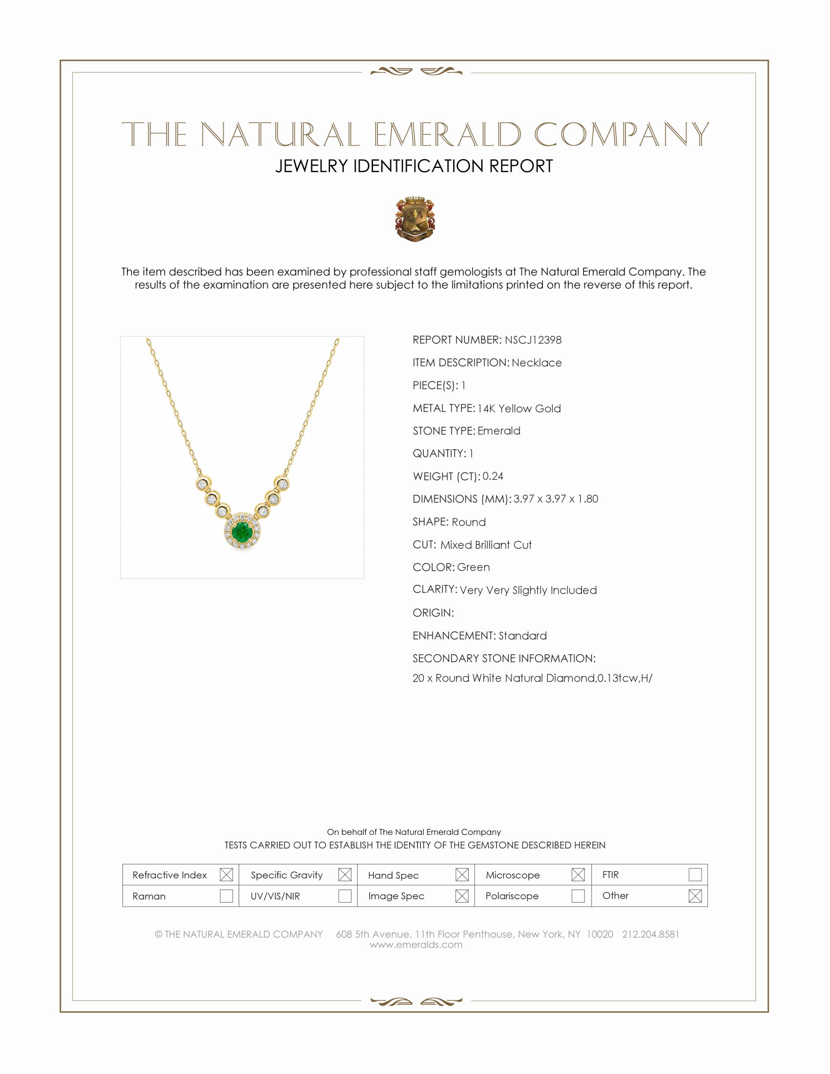 0.24 Ct. Emerald and Natural Diamond Accent Stones Necklace, 14K Yellow Gold