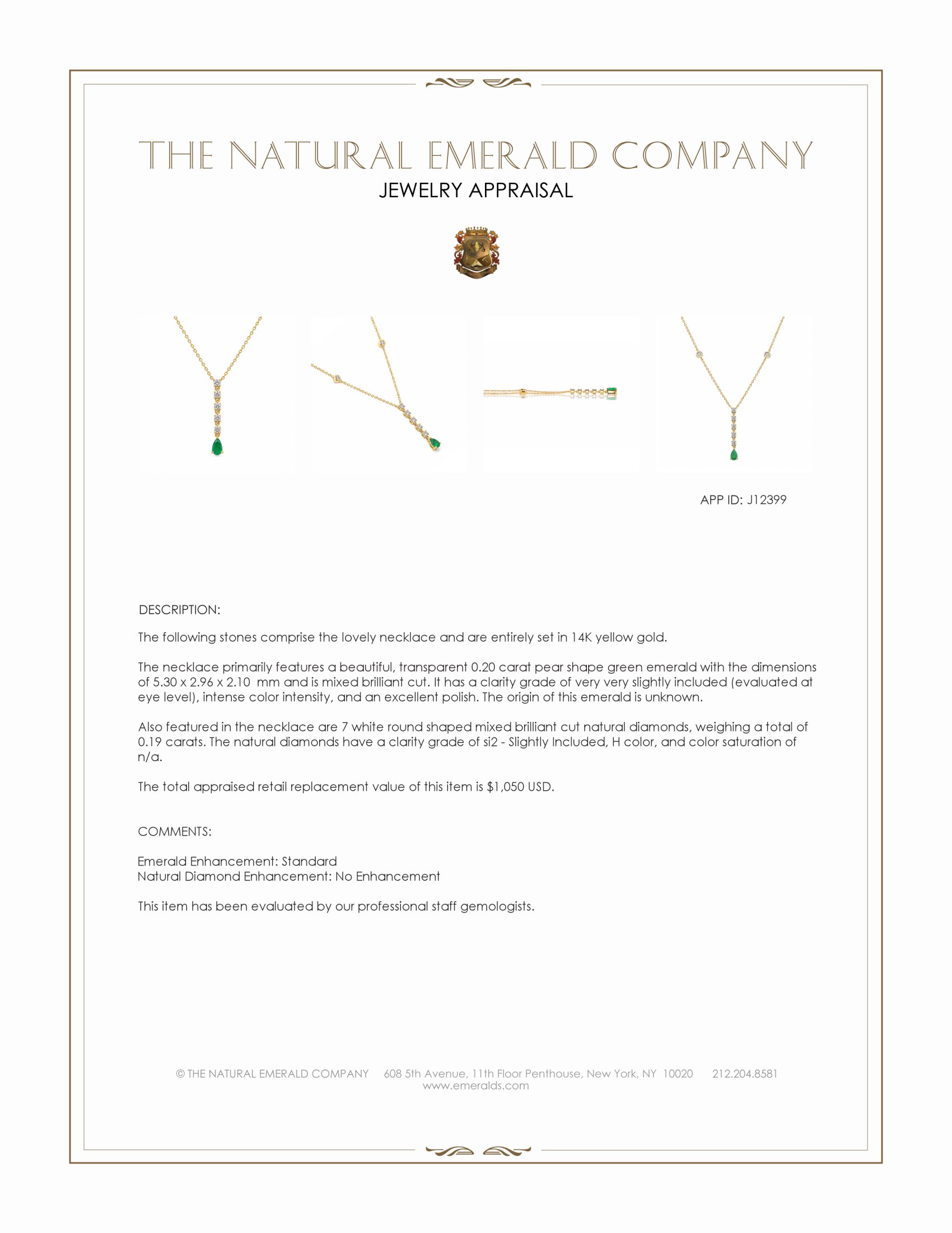 0.20 Ct. Emerald and Natural Diamond Bezel Necklace, 14K Yellow Gold