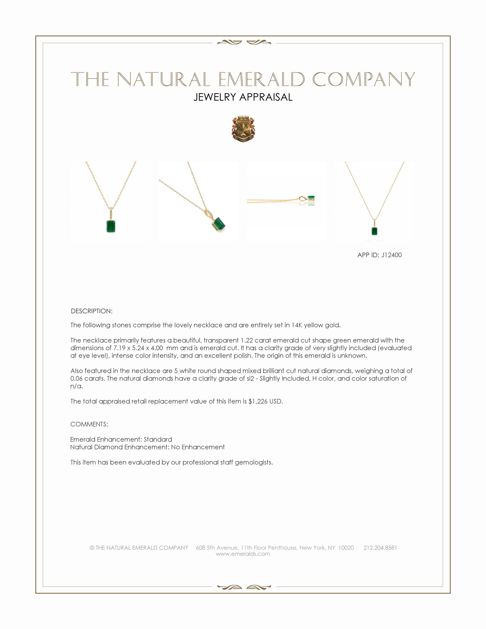 1.22 Ct. Emerald and Natural Diamond Pave Necklace, 14K Yellow Gold