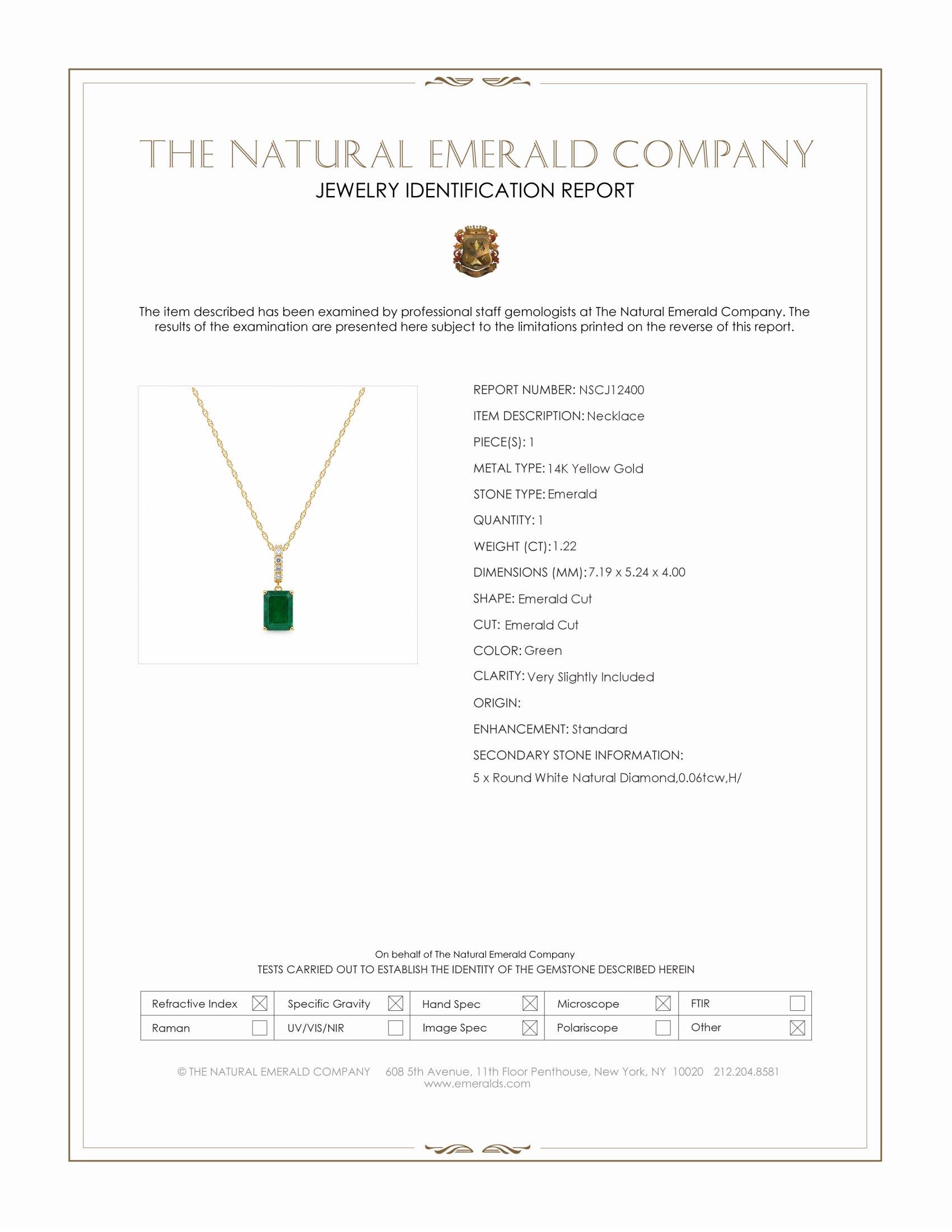 1.22 Ct. Emerald and Natural Diamond Pave Necklace, 14K Yellow Gold
