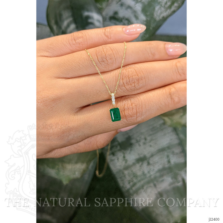 1.22 Ct. Emerald and Natural Diamond Pave Necklace, 14K Yellow Gold