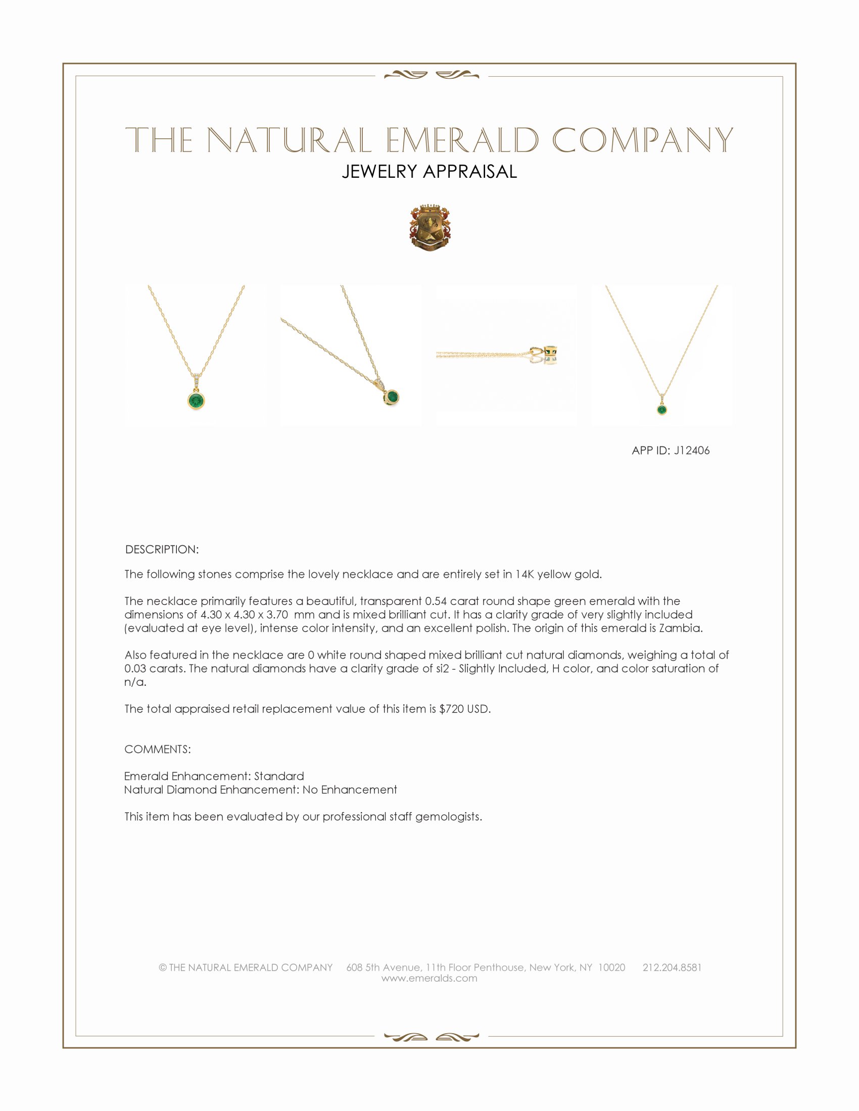 0.54 Ct. Emerald and Natural Diamond Bezel Necklace, 14K Yellow Gold