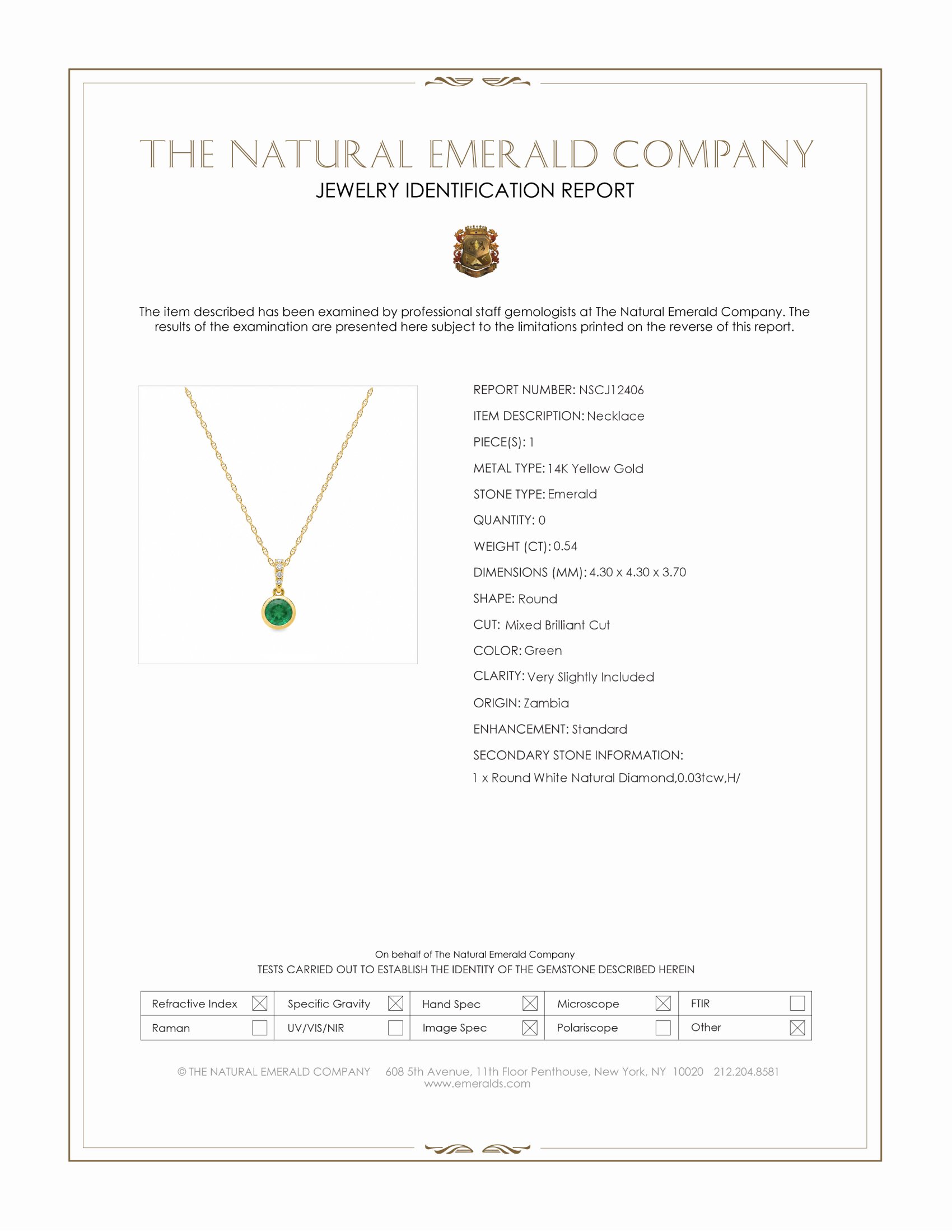 0.54 Ct. Emerald and Natural Diamond Bezel Necklace, 14K Yellow Gold