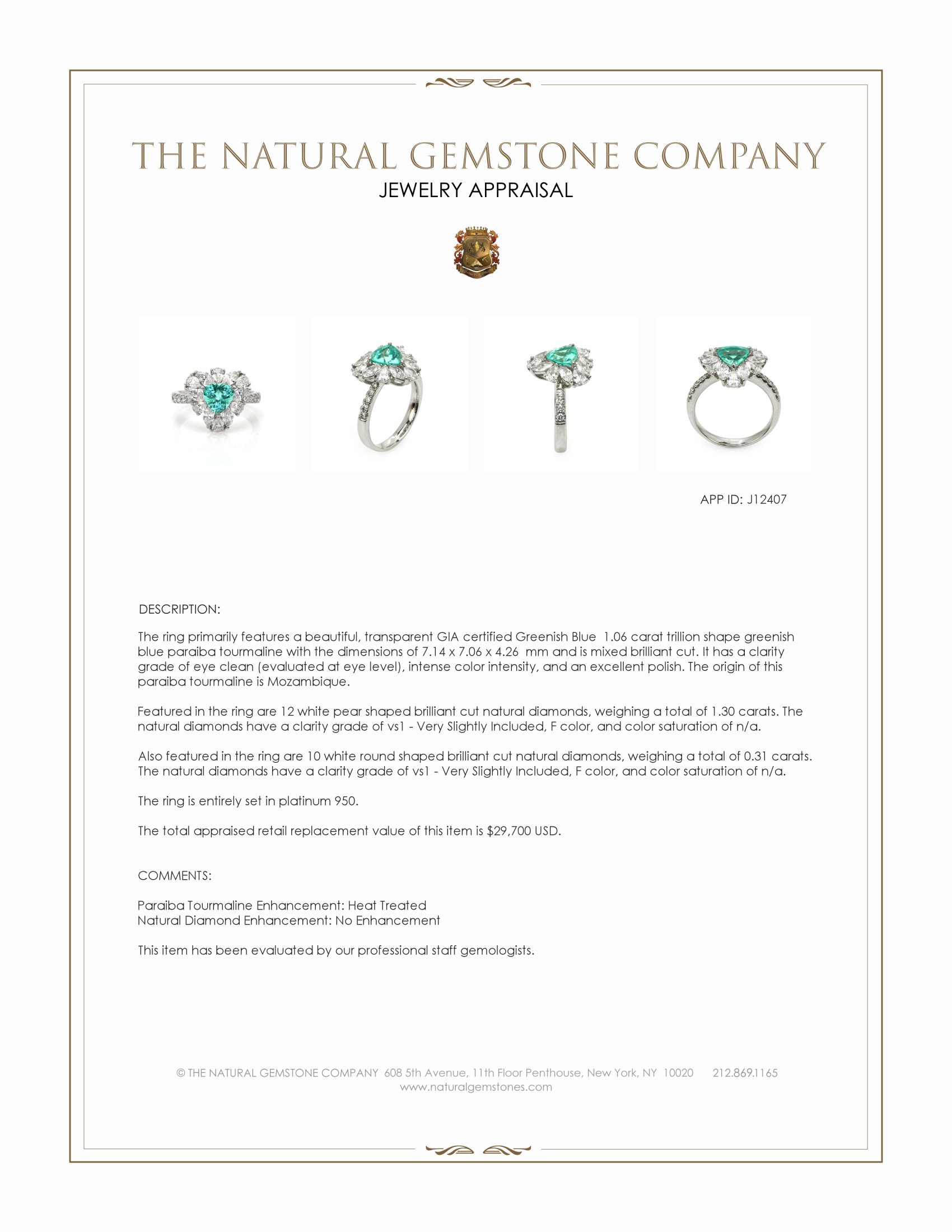 1.06 Ct. Greenish Blue Paraiba Tourmaline and Natural Diamond Pave Ring, Platinum 950