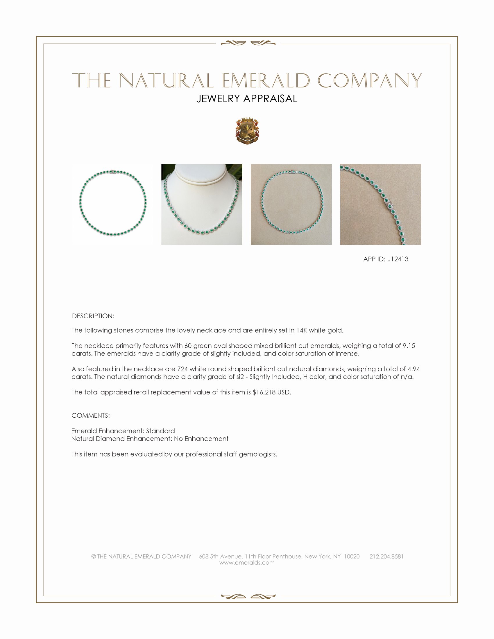 9.15 Ct. Emerald and Natural Diamond Pave Necklace, 14K White Gold