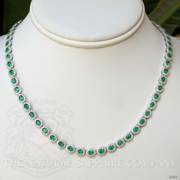 9.15 Ct. Emerald and Natural Diamond Pave Necklace, 14K White Gold