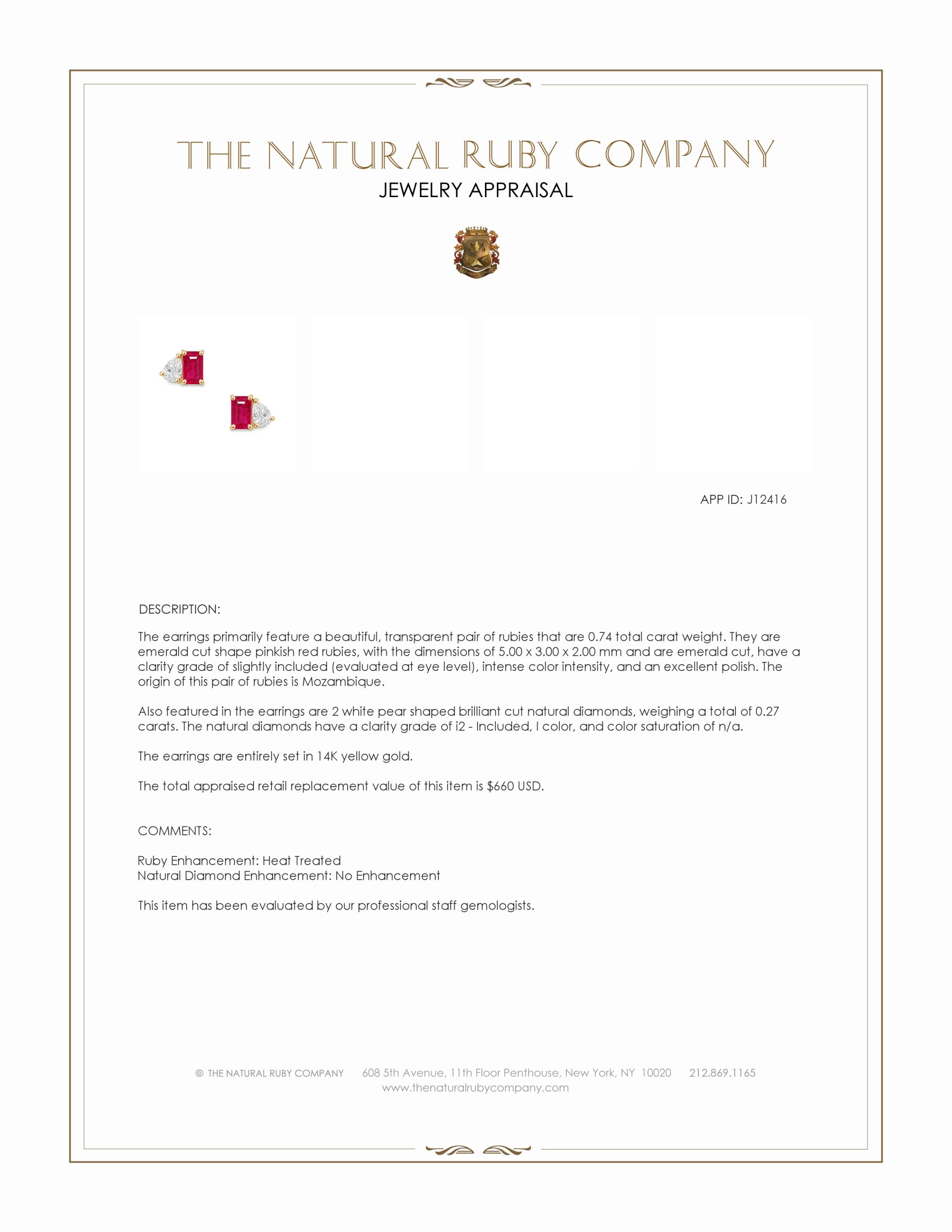 0.74 Ct.Tw. Pinkish Red Ruby and Natural Diamond Studs Earrings, 14K Yellow Gold