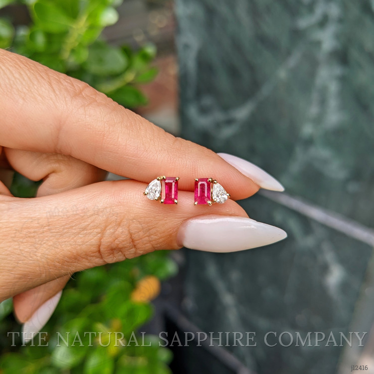 0.74 Ct.Tw. Pinkish Red Ruby and Natural Diamond Studs Earrings, 14K Yellow Gold