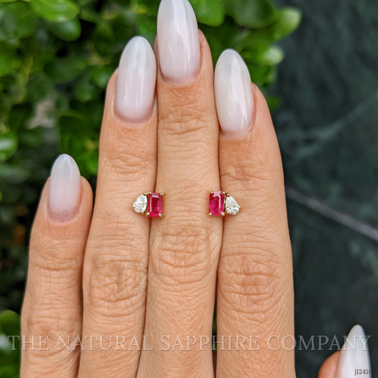 0.74 Ct.Tw. Pinkish Red Ruby and Natural Diamond Studs Earrings, 14K Yellow Gold