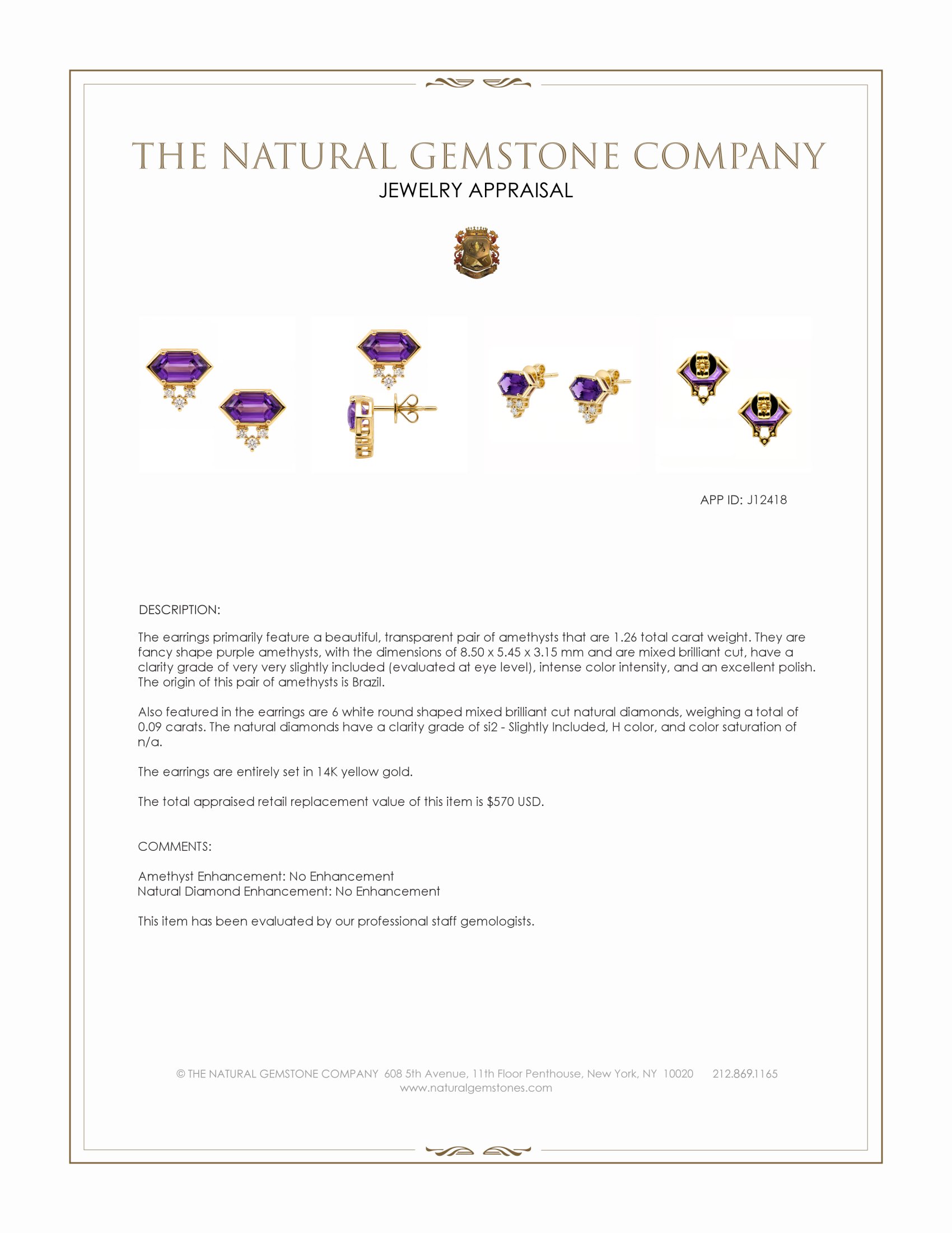 1.26 Ct.Tw. Purple Amethyst and Natural Diamond Studs Earrings, 14K Yellow Gold