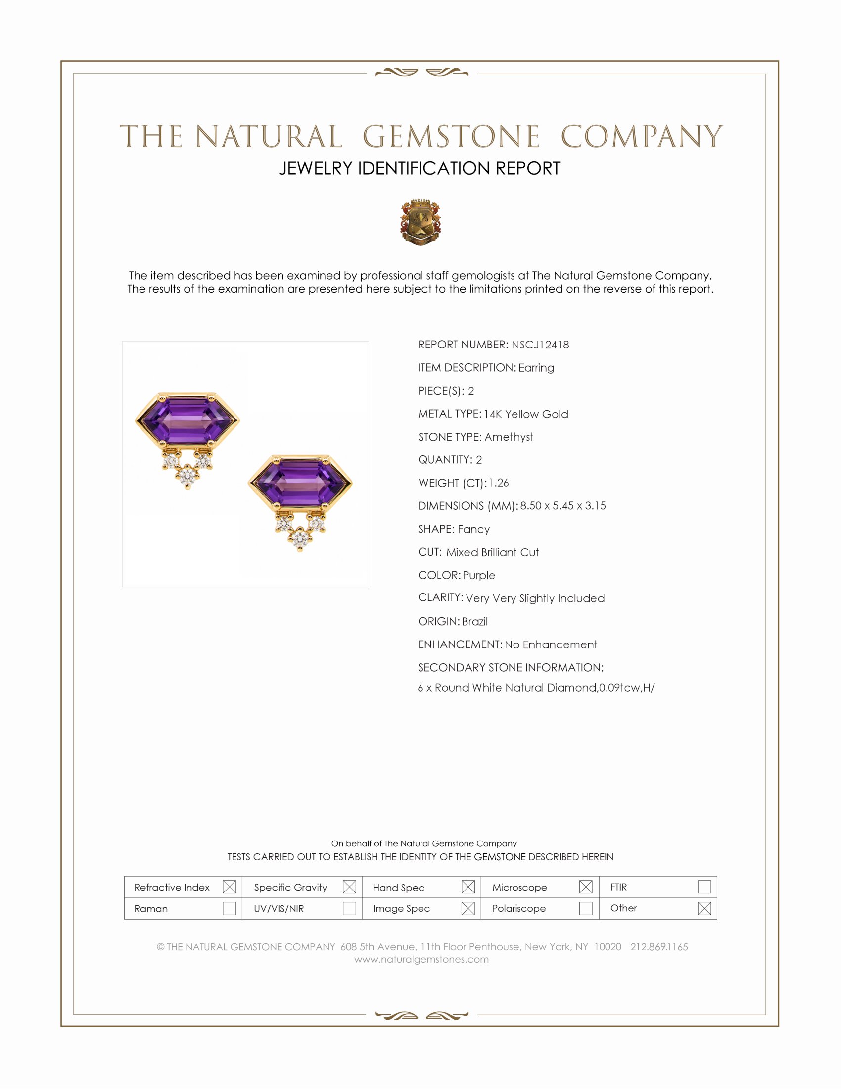 1.26 Ct.Tw. Purple Amethyst and Natural Diamond Studs Earrings, 14K Yellow Gold