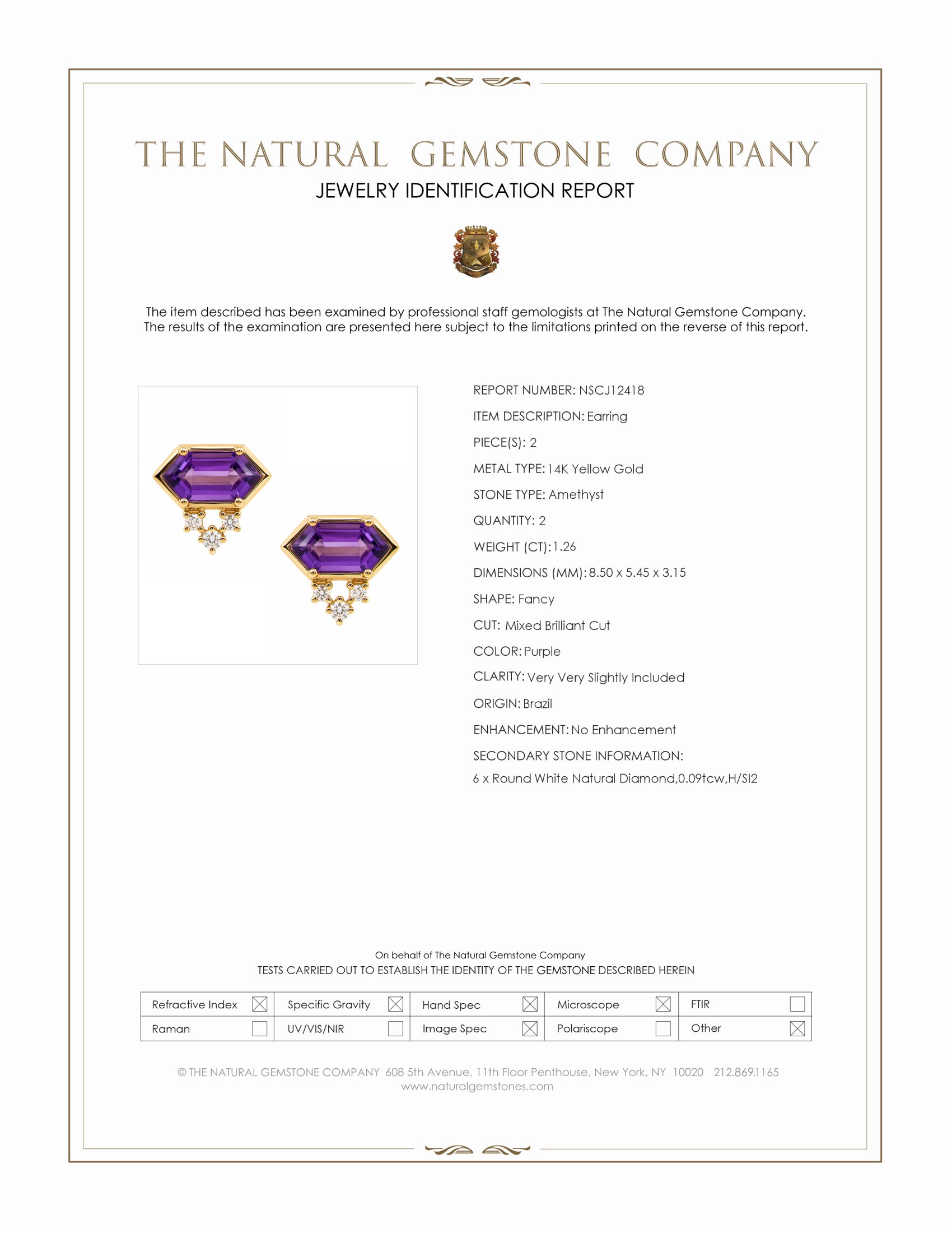 1.26 Ct.Tw. Purple Amethyst and Natural Diamond Studs Earrings, 14K Yellow Gold