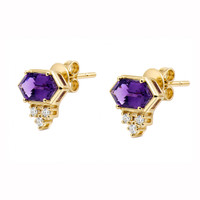 1.26 Ct.Tw.Total Carat Weight Purple Amethyst and Natural Diamond Studs Earrings, 14K Yellow Gold Image