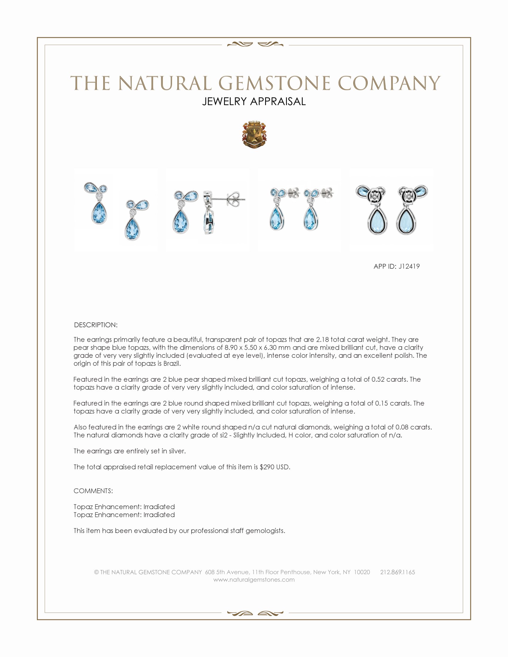 2.18 Ct.Tw. Blue Topaz and Natural Diamond Studs Earrings, Silver