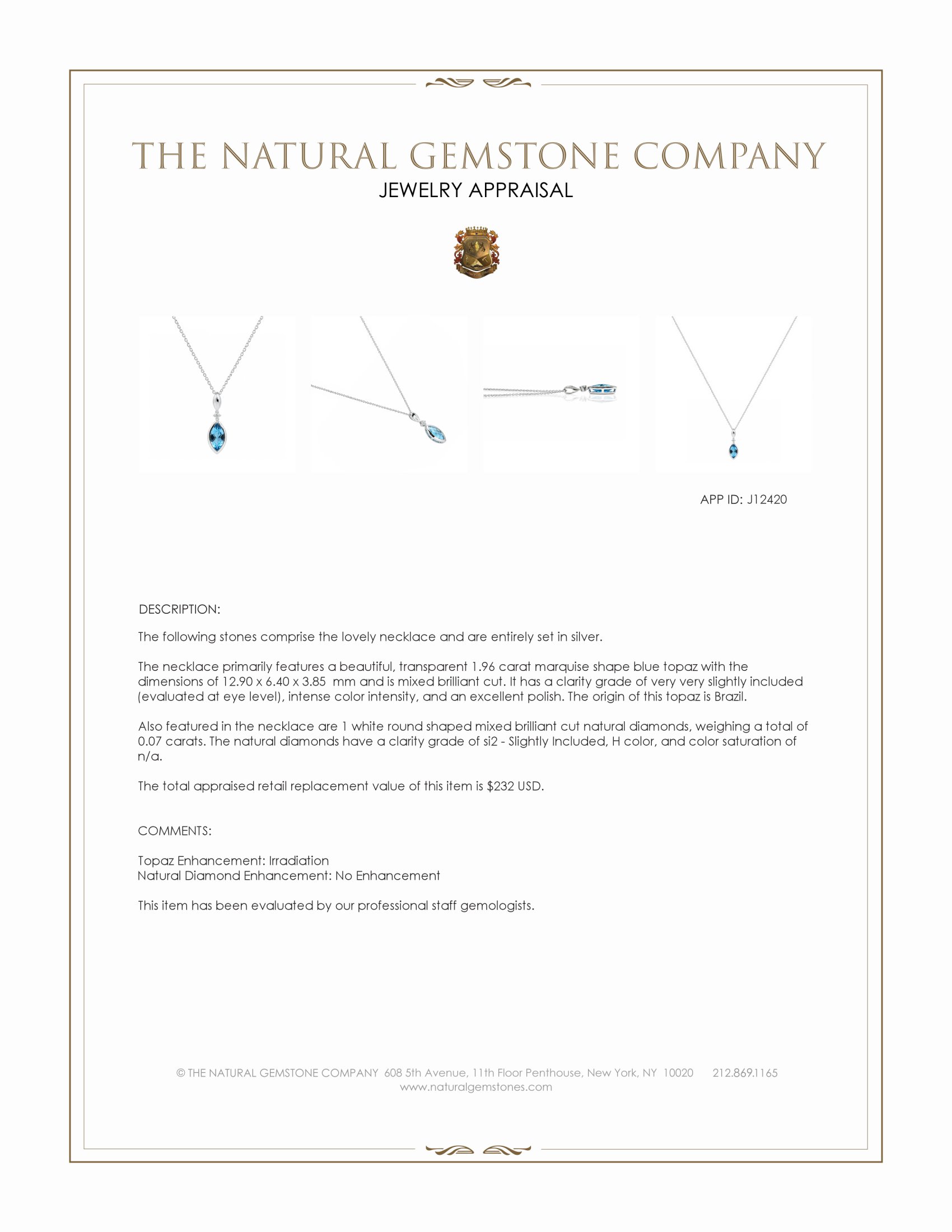 1.96 Ct. Blue Topaz and Natural Diamond Accent Stones Necklace, Silver
