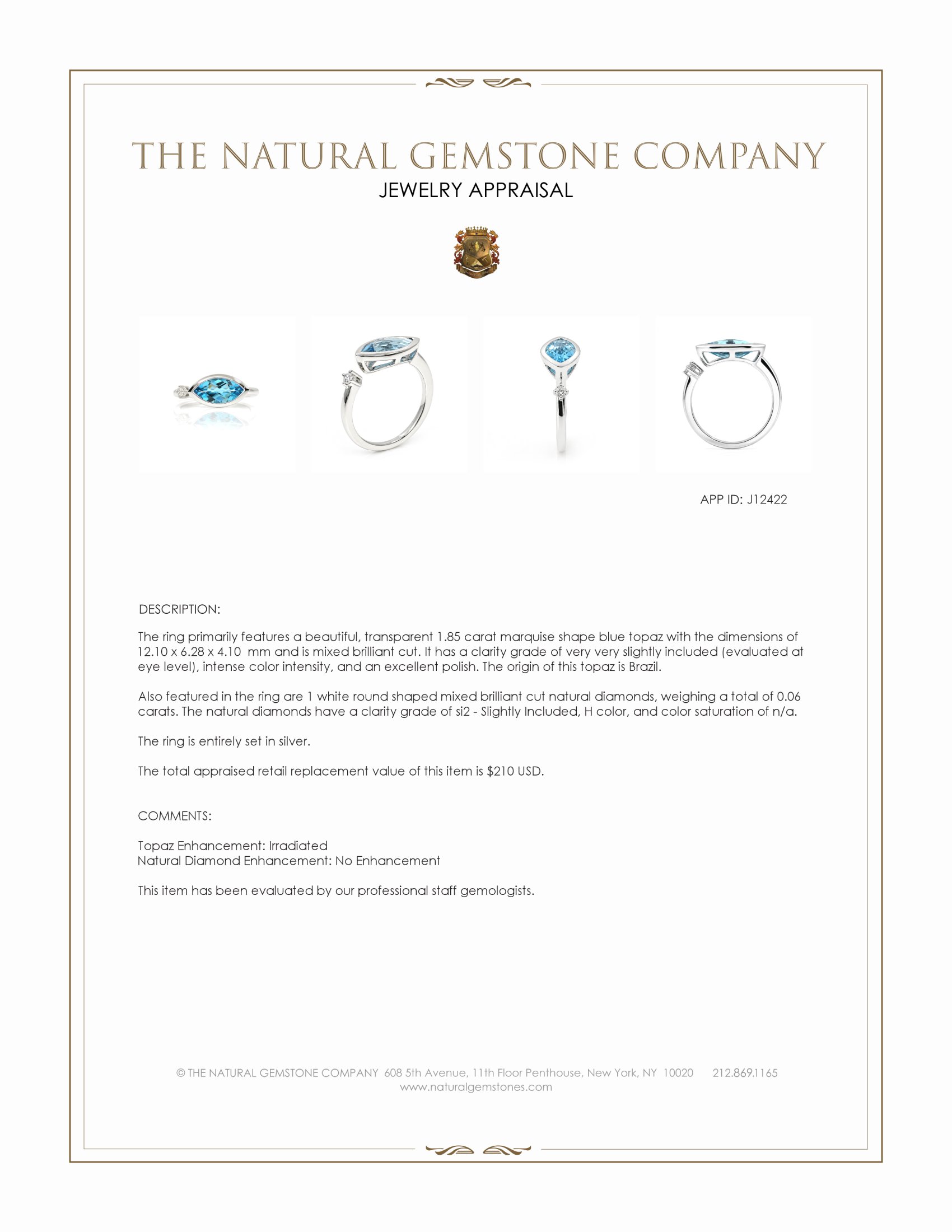 1.85 Ct. Blue Topaz and Natural Diamond Bezel Ring, Silver