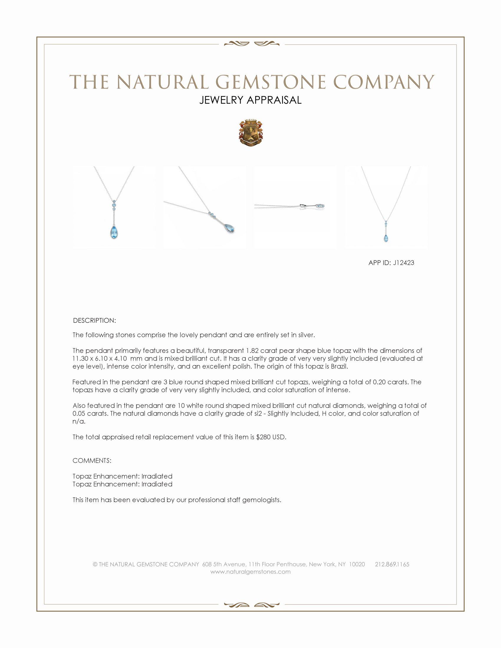 1.82 Ct. Blue Topaz and Natural Diamond Bezel Pendant, Silver
