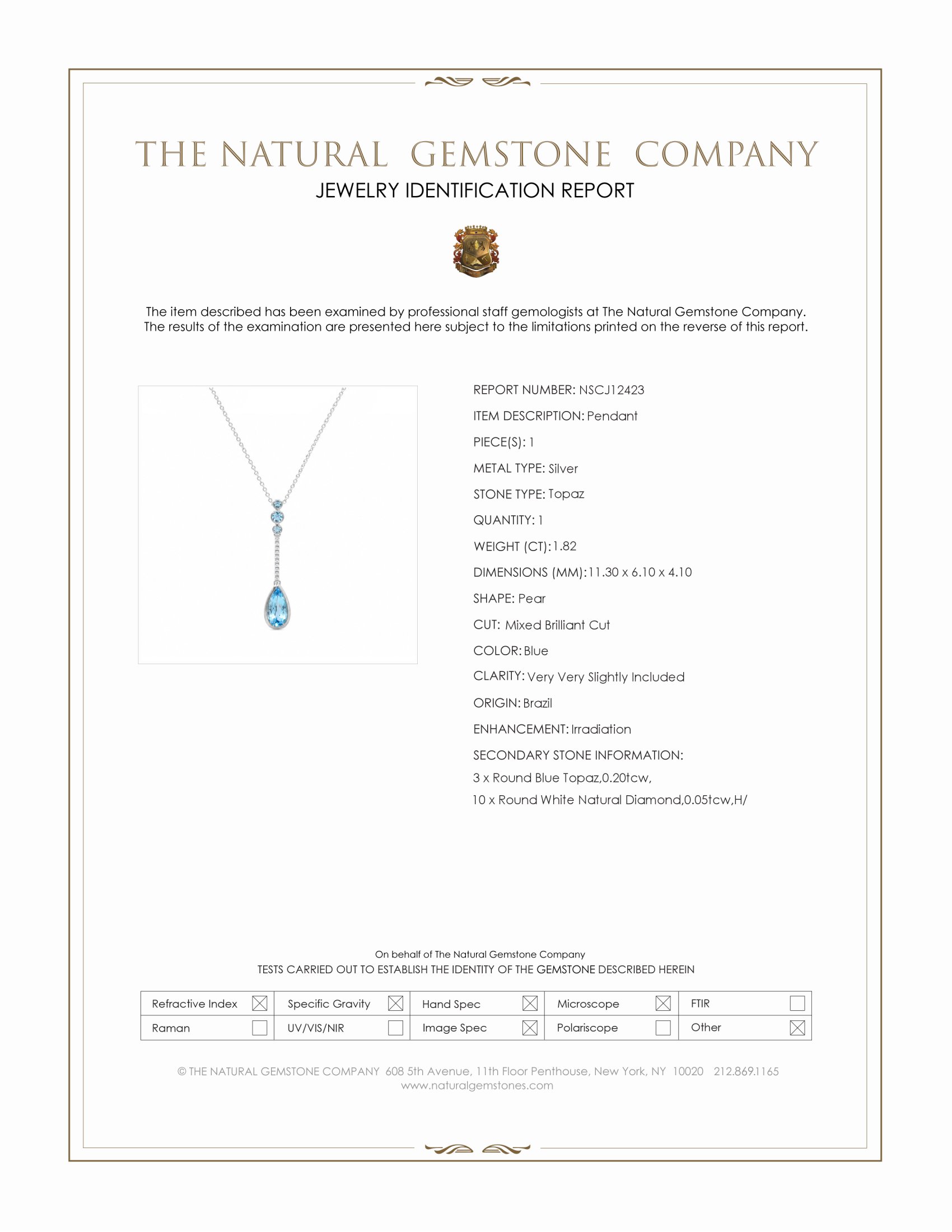 1.82 Ct. Blue Topaz and Natural Diamond Bezel Pendant, Silver