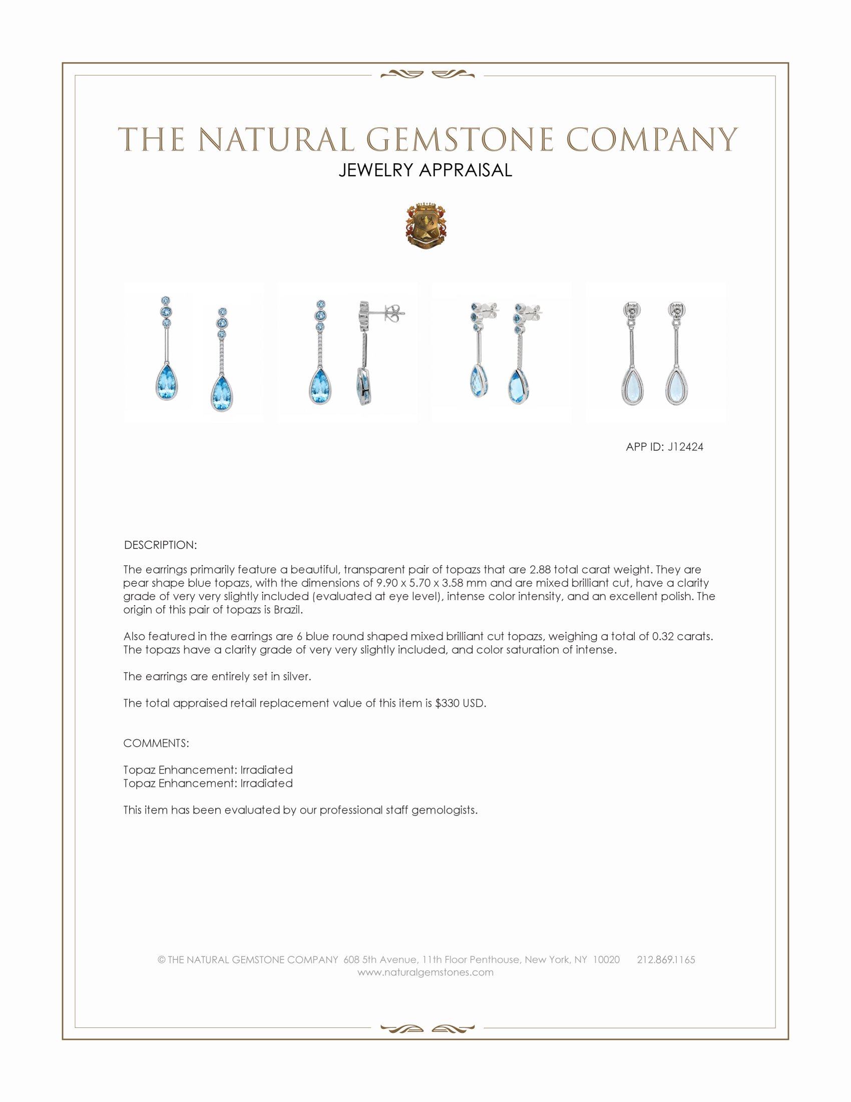 2.88 Ct.Tw. Blue Topaz Studs Earrings, Silver