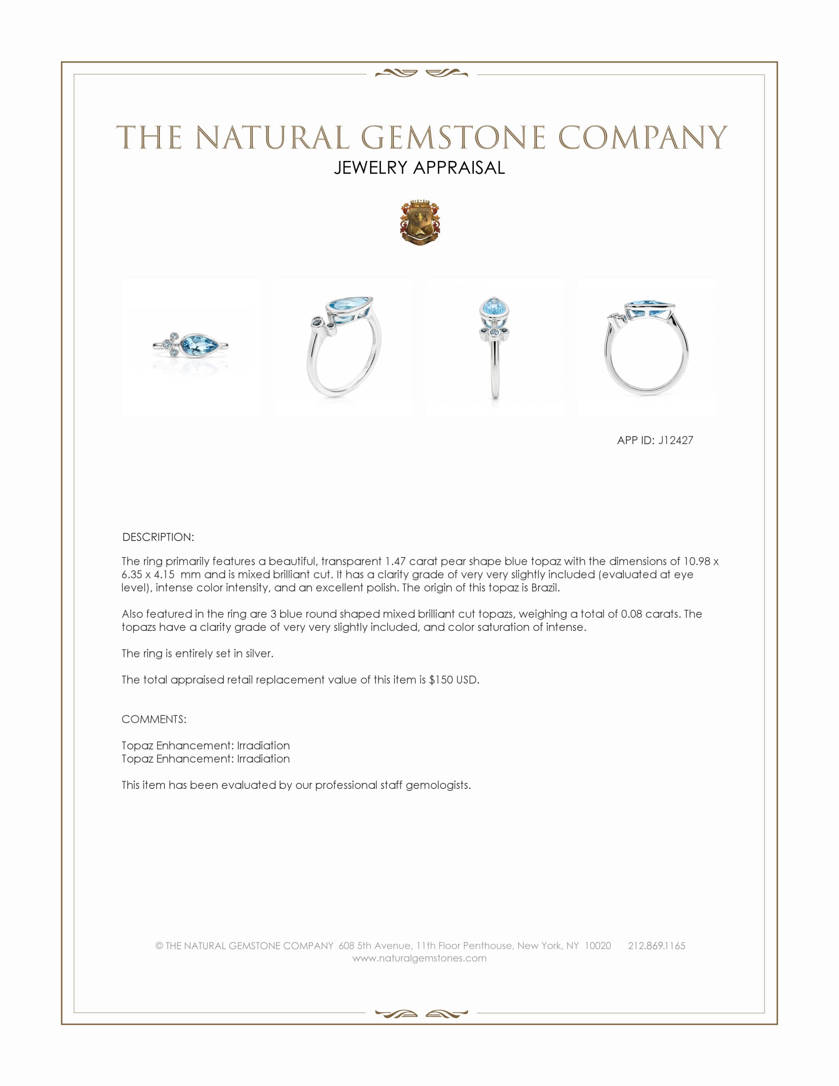 1.47 Ct. Blue Topaz Bezel Ring, Silver
