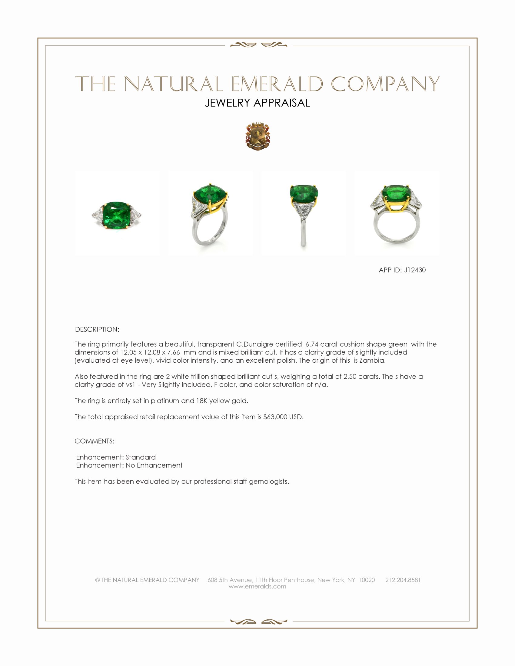 6.74 Ct. Emerald and Natural Diamond Three Stone Ring, Platinum & 18K Yellow