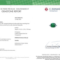 6.74 Ct. Emerald and Natural Diamond Three Stone Ring, Platinum & 18K Yellow Scan Report