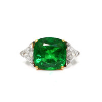 6.74 Ct. Emerald and Natural Diamond Three Stone Ring, Platinum & 18K Yellow Video