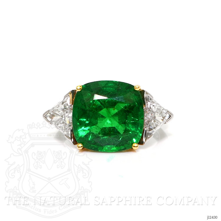 6.74 Ct. Emerald and Natural Diamond Three Stone Ring, Platinum & 18K Yellow