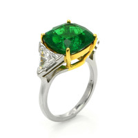 6.74 Ct. Emerald and Natural Diamond Three Stone Ring, Platinum & 18K Yellow Image