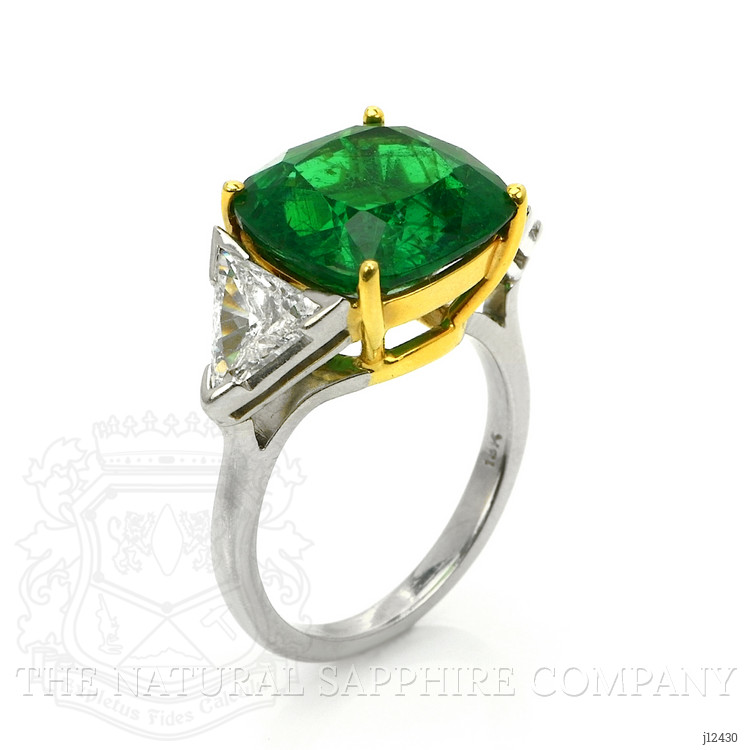 6.74 Ct. Emerald and Natural Diamond Three Stone Ring, Platinum & 18K Yellow