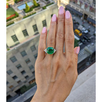 6.74 Ct. Emerald and Natural Diamond Three Stone Ring, Platinum & 18K Yellow Life Style