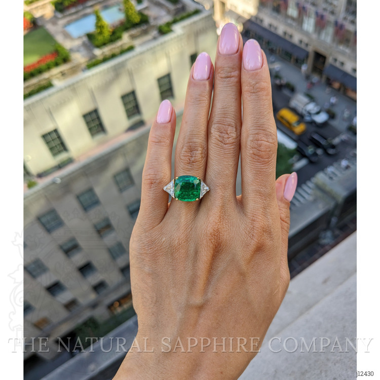 6.74 Ct. Emerald and Natural Diamond Three Stone Ring, Platinum & 18K Yellow
