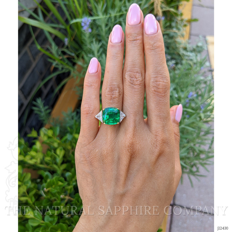 6.74 Ct. Emerald and Natural Diamond Three Stone Ring, Platinum & 18K Yellow