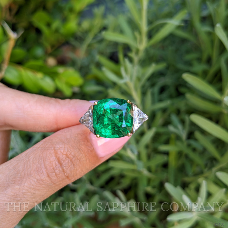 6.74 Ct. Emerald and Natural Diamond Three Stone Ring, Platinum & 18K Yellow